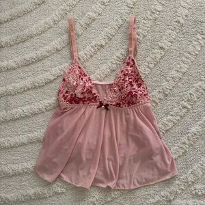Vintage BCBG Pink Lace Babydoll Camisole Top Y2K Lingerie Style Floral Sheer